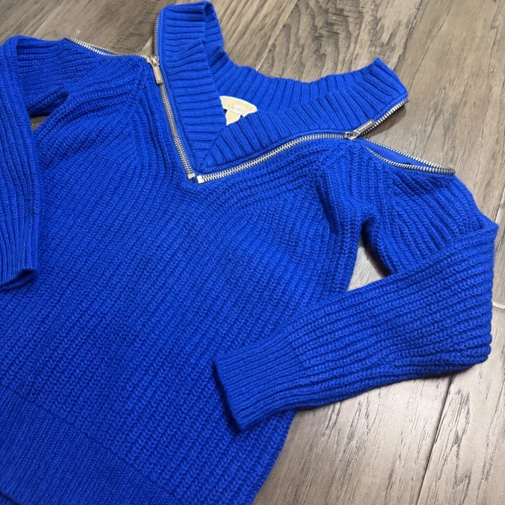Michael Kors Cold Shoulder Zip‎ Neck Sweater Blue Ribbed Knit Size S